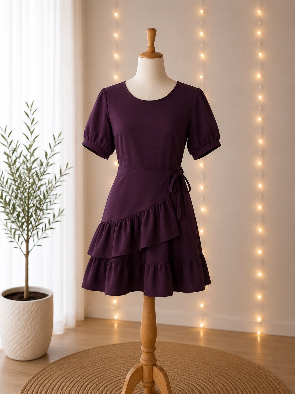 Habitual Plum Puff Sleeve Ruffle Mini Dress